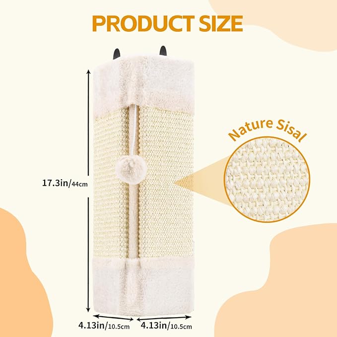 2PCS Wall Corner Cat Scratcher for Indoor Cats, Wall Mounted Sisal Scratching Pad with Hanging Ball, Vertical Corner Wall Mount Scratch Panel, Protector for Wall Corner