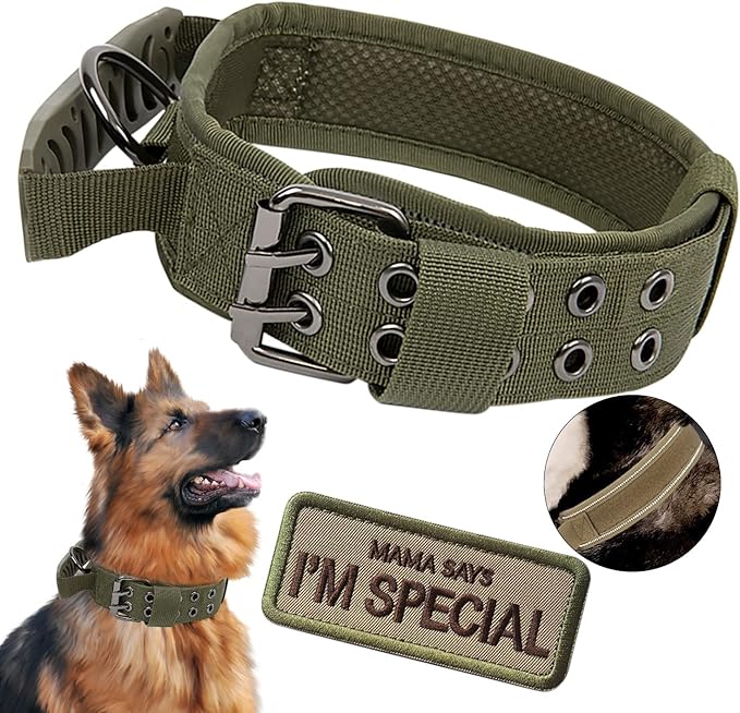 Tactical Dog Collar with Handle - Military Adjustable Dog Training Collar Soft Nylon and Heavy Duty Metal Buckle for Medium Large Dogs - with Patch (Green with Patch, Large)