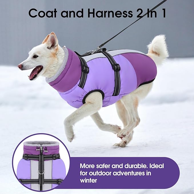 SUNFURA Small Dog Coat with Harness Built-in, Warm Dog Jacket with Zip, Reflective Winter Coat Pet Sweater Clothes for Small Dogs Schnauzer, Yorkshire Terrier, Shih Tzu, Purple S