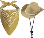 choyaxo Dog Cowboy Hat Dog Cowboy Costume for Small Pet Dogs Cat Cowboy Hat with Bandana Scarf Set Party Accessories (Khaki, Large)