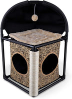 Goetland PVC Modern Cat Condo Cat House Cat Tree Small Cat Tower Bed Scratching Post Dangling Ball Hole for Kitty Indoors Cat Leopard