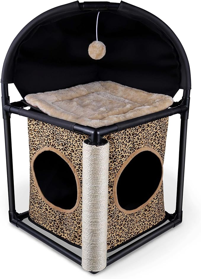 Goetland PVC Modern Cat Condo Cat House Cat Tree Small Cat Tower Bed Scratching Post Dangling Ball Hole for Kitty Indoors Cat Leopard
