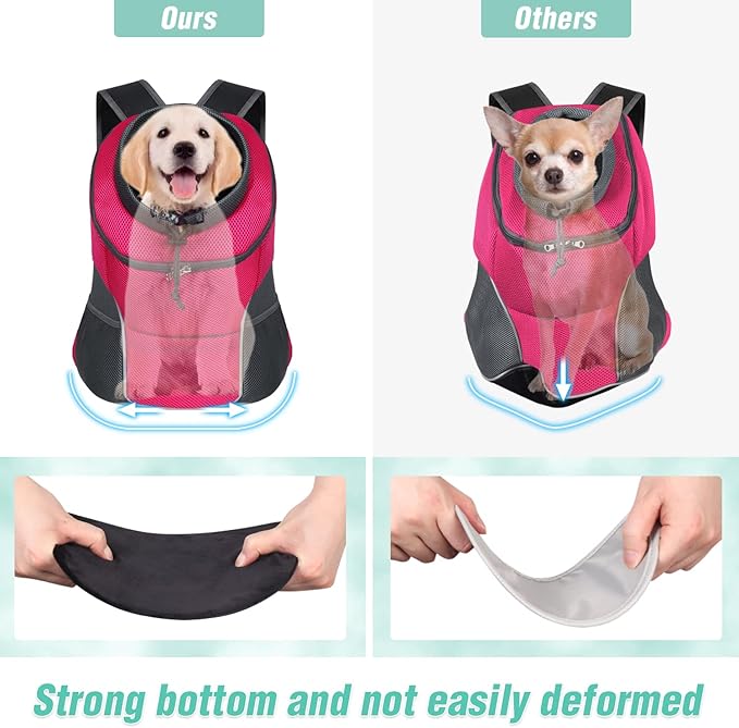 YUDODO 9-14lbs Dog Front Carrier Backpack, Adjustable Breathable Pet Carrier for Small Dogs, Ventilated Puppy Back Pack with Safety Belt, Lightweight Doggy Backpack for Hiking Outdoor (Rose, L)