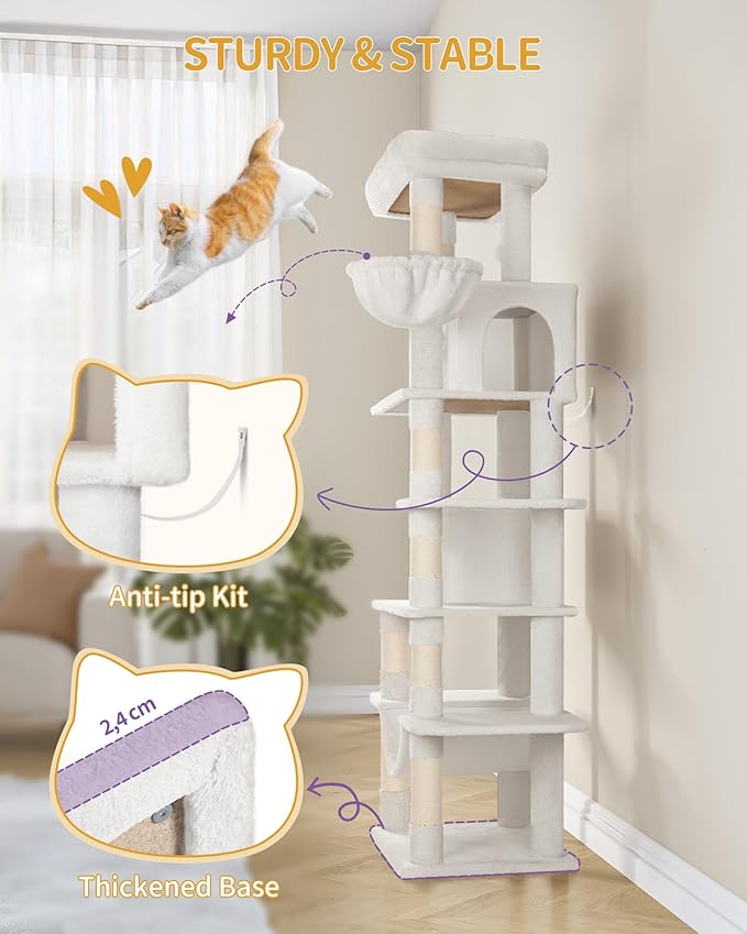 Cat Tree, 66.9" Large Cat Tower for Indoor Cats, Multi-Level Cat House with Condo, 8 Scratching Posts, Hammock, 4 Pom Poms, White MS17018WT