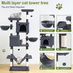 Large Cat Tree Tower for Indoor Cats Adult, 74.8 Inch Tall Large Multi-Level Tree Towers with Scratching Posts, Condo, Hammock, Bed for Big Cats, Modern Cat Trees Furniture Heavy Duty (Dark Gray)