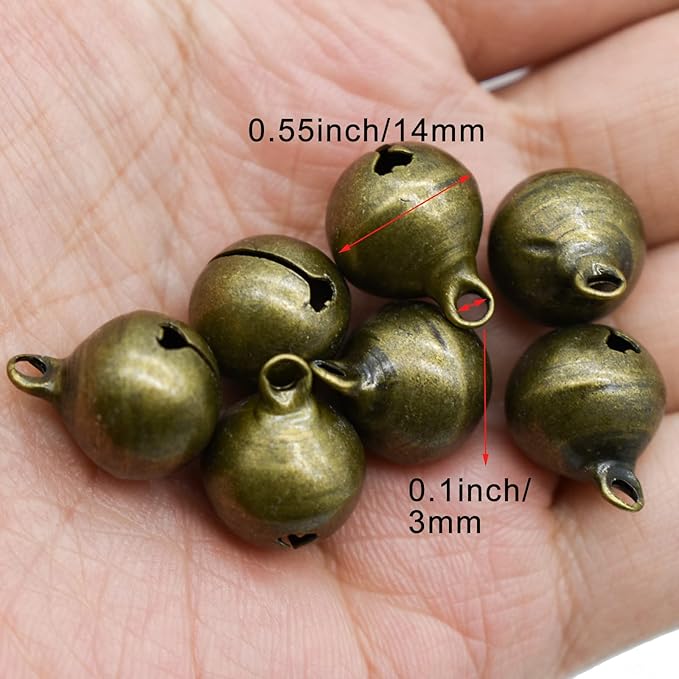 50Pcs 14mm Small Bronze Jingle Bell 5/9inches Mini Vintage Craft Bell Antique Brass Tinkle Bell for DIY Jewelry Pet Collar Dog Cat Toy Christmas Wedding Door Decoration