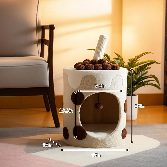 Happy & Polly 26" Boba Tea Medium Cup Cat Tree Tower Tall Multi-Level Stable Condo for Large Cats Multifunctional Cat Furniture Activity Center for Kitten