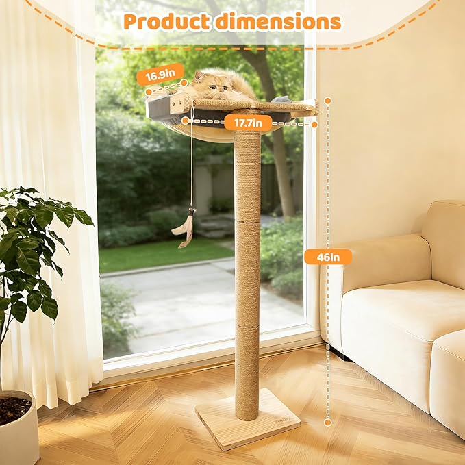 Cat Window Perch with Scratching Post, 46" Adjustable Tall Scratching Posts & Suction Cup – Gray Fluffy Cusion, Multi-Level Perch for Climbing, Bird Watching, Play, Supports 45 lbs (Drilling-Free)