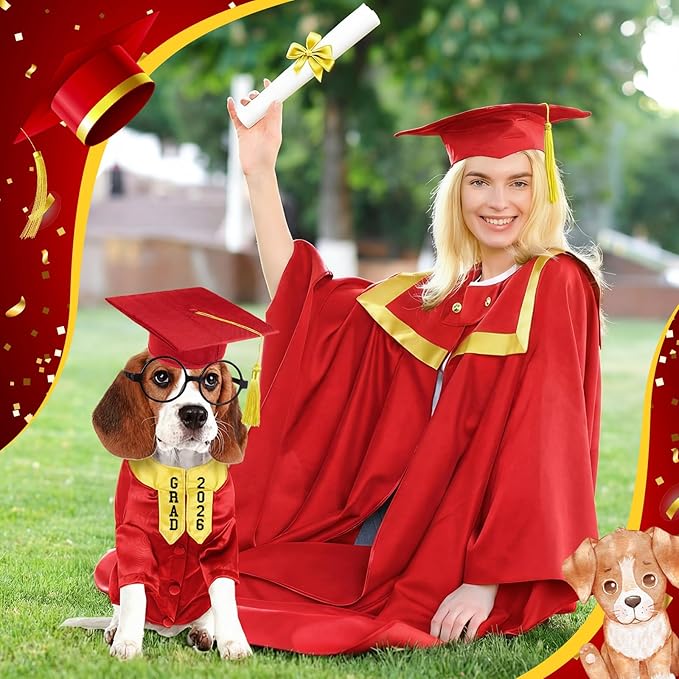 5 Pcs Dog Graduation Costume Set Include 2026 Pet Graduation Gown with Stole Puppy Grad Cap Lensless Glasses DIY Letter Stickers for Dogs Cats Holiday Costume Accessory(Red Yellow,M)