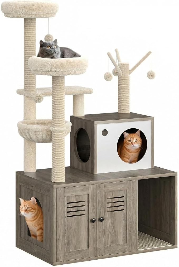 Multi-Level Cat Tree Tower with Cat Scratching Posts,Litter Box Enclosure, Cat Houses & Condos,Hanging Cat Toys,Washable Removable Cushion for Kittens & Adult Cat, Easy to Assemble