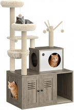 Multi-Level Cat Tree Tower with Cat Scratching Posts,Litter Box Enclosure, Cat Houses & Condos,Hanging Cat Toys,Washable Removable Cushion for Kittens & Adult Cat, Easy to Assemble