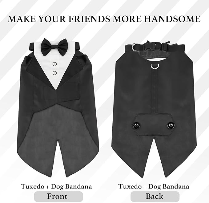 Dog Tuxedo, Formal Dog Wedding Attire Pet Costume Pet Suit and Bandana Set, Bithday Party Bow Tie Collar Outfit Puppy Tux (Medium)