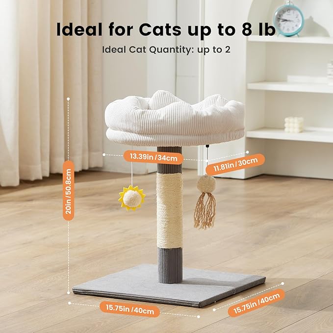 Gardner Pet 20" Cat Tree, Solid Wood Small Cat Tree with Cat Scratching-Posts & Hanging Toys for Kittens(Grey, Circle-Corduroy)