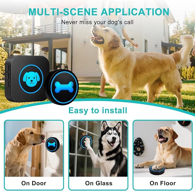 Dog Doorbell to Go Outside, Smart Wireless Doggie Doorbell for Potty Training,1000 Feet Long Range with IP65 Waterproof Super-Light Touch Button, 60 Melodies & Adjustable Volume (1 Button)