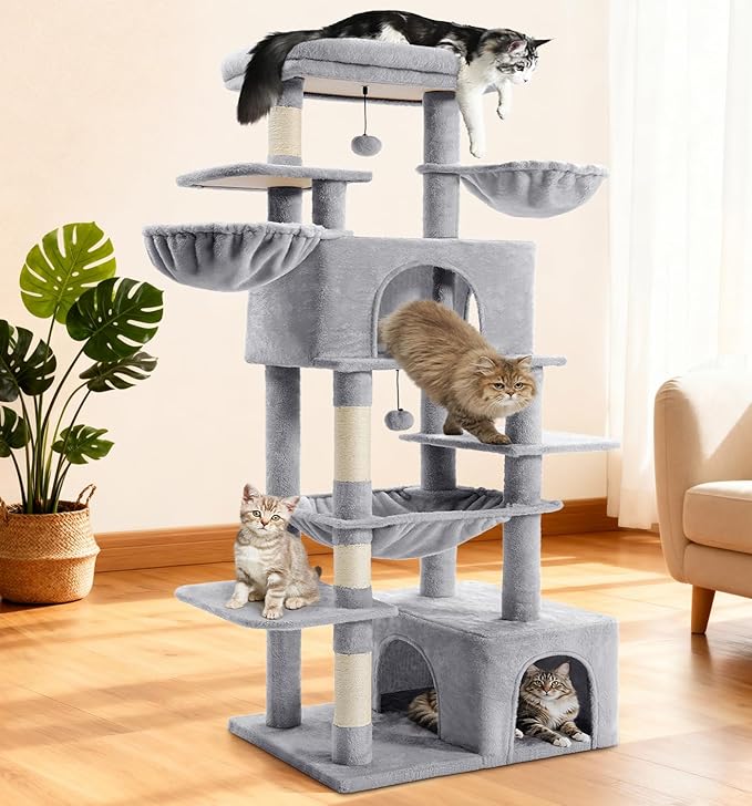 Cat Tree Large Cat Tower Tree 68" Multi-Level Cat Tower for Indoor Cats with Sisal Scratching Posts, Widen Cat Perche, Square Hammock, 2 Widen Condos, Scratching Posts, Light Grey