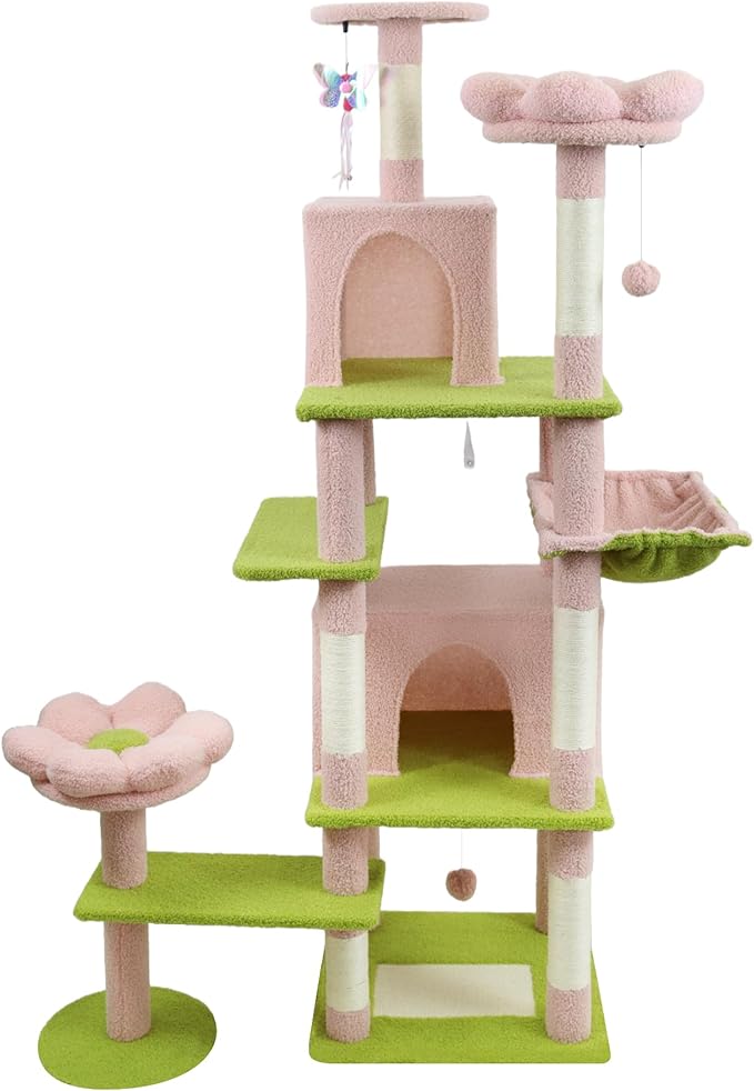 Montary 71" Multi-Level Tall Flower Cat Tree Tower: with Removable Flower Cushion, Hammock, Cozy Cat Nest, Interactive Play Toy & Comfortable Fabric, Pink & Green