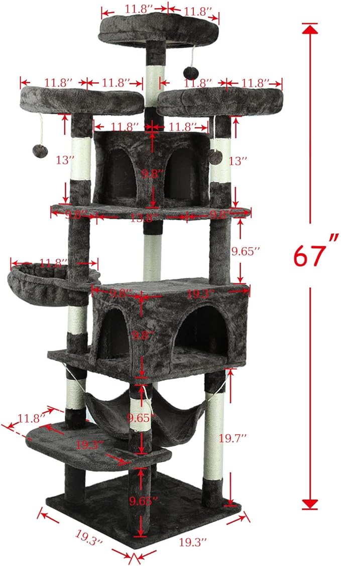 Confote Large Cat Tree 67 Inch Multi-Level Cat Tower with Padded Top Perch,Hammock,Basket,Scratching Posts for Indoor Cat Play House Kitty Activity Center