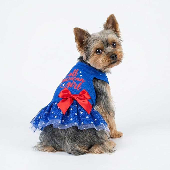 Fitwarm All American Girl Dog Dress, 4th of July Dog Clothes for Small Dogs Girl, Patriotic Dog Tulle Dress, Pet Outfit, Royal Blue, Red, White, XS