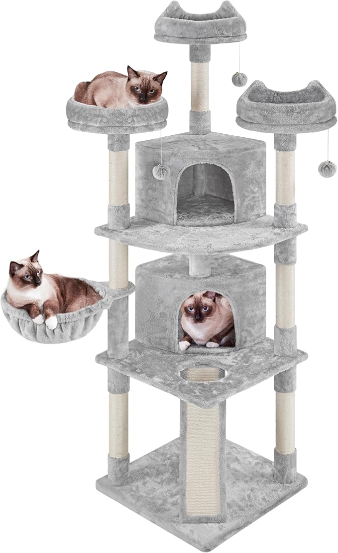 Topeakmart Cat Tower Cat Tree, 76 Inches Plush Cat House with Condos Perches Raised Edge as Cats Activity Center