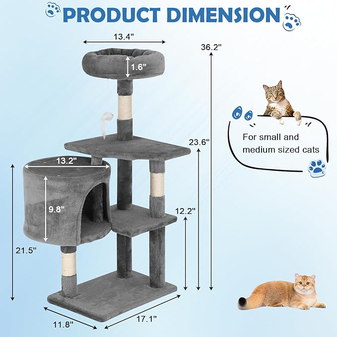 Cat Tree 36 Inch Cat Tower for Indoor Cats with Scratching Post,Padded Perch,Hanging Toys for Kittens & Adult Cats,Beige (Light Gray)