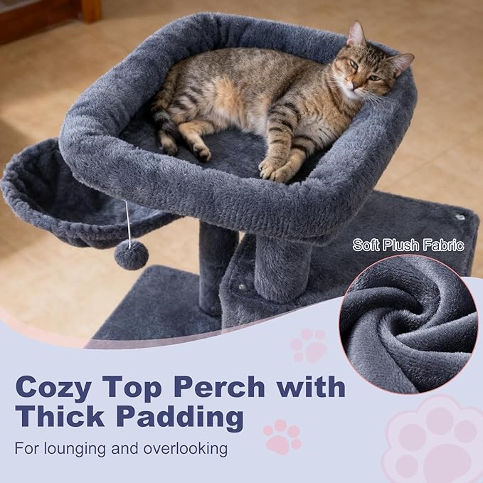 Tangkula Cat Tree Tower, 33.5 Inch Cute Cat Tower with 2-Tier Large Condo, Sisal Scratching Posts, Padded Top Perch, Dangling Toy, Rotatable Cozy Basket, Cat Climbing Furniture (Dark Gray)