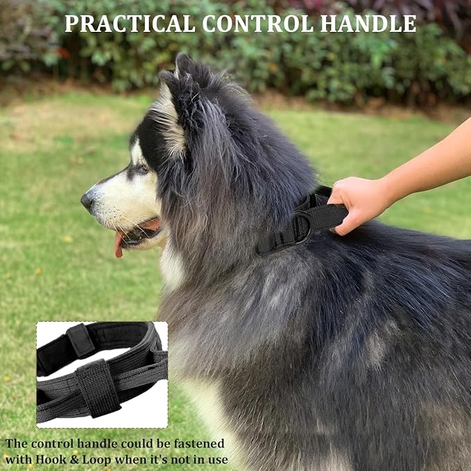 Tactical Dog Collar with Handle - Military Adjustable Dog Training Collar Soft Nylon and Heavy Duty Metal Buckle for Medium Large Dogs - with Patch (Black, Medium)