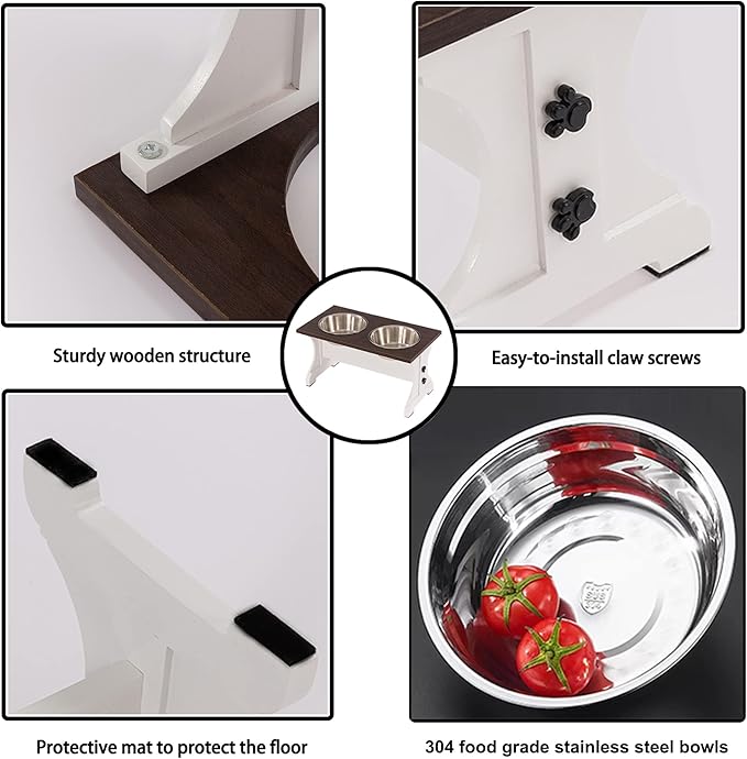Piskyet Elevated Dog Bowls,Farmhouse Dog Bowls Stand, Raised Dog Bowl with 2 Stainless Steel Wooden Dog Bowls,7 Cups 11''H_55 oz Bowl-White, GWJ-01