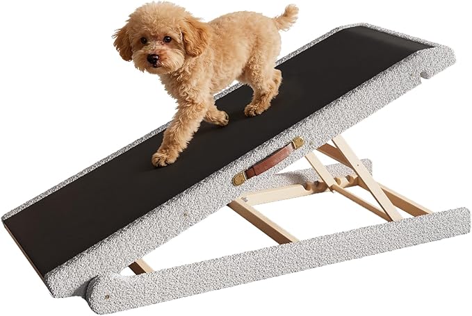 Dog Ramp for Bed, 4 Adjustable Height Wooden Ramp for Dogs from 14"–20", 17" Wide Pet Ramps for Dogs to Get on High Bed/Couch/Car with Soft Padding & Anti-Slip Grip, Up to 250LBS for Small/Large Dog