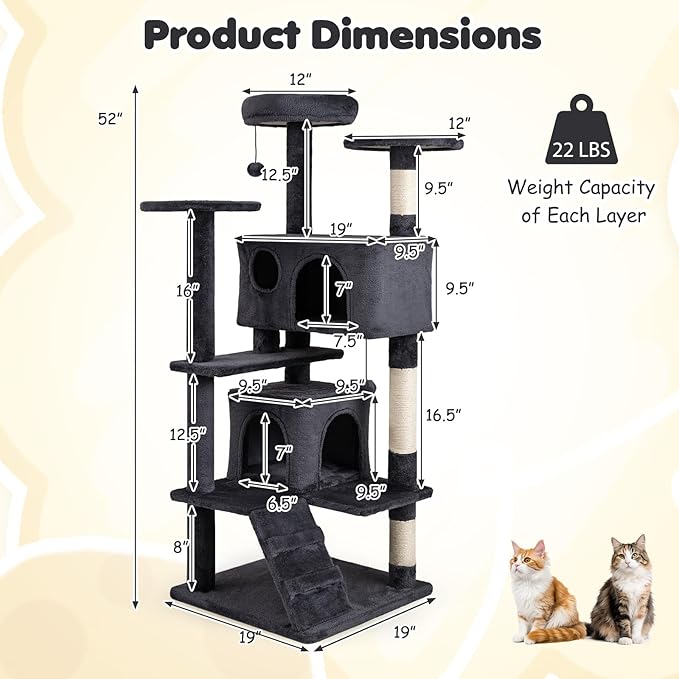 Tangkula Cat Tree Tower, 52 Inch Multi-Level Cat Tower with Sisal Scratching Posts, Cushioned Top Perch, Large Dual Condos & Ladder, 2 Hanging Balls, Jumping Platforms for Indoor Cats (Dark Gray)