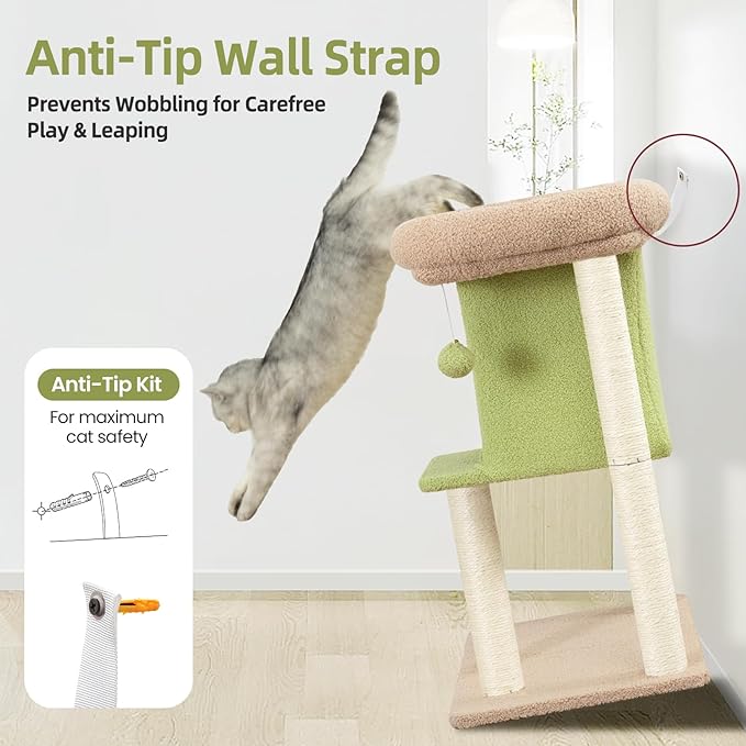 Cat Tree Tower Scratching Post for Indoor Large Cats, Small Cat Tree with Big Perch Bed, 28in Tall Trees House with Condo Cave, Toy Balls, Modern Climbing Furniture Platform for Kitten (Green)