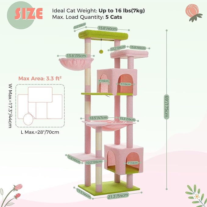 PETEPELA Large Cat Tree, 69-Inch Tall Cat Tower for Indoor Large Cats with Super Big Hammock, Cat Climbing Tree Tower with Scratching Posts, Cozy Condo House and Top Perch, Pink