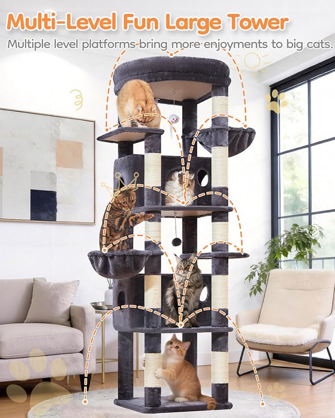 Taoqimiao 73 Inch Cat Tree XXL, Cat Tower for Indoor Cats, Large Cat Tree for Big Cats, Enlarged Platform, 2 Spacious Cat Condos, 9 Scratching Posts, 2 Cozy Baskets, F30G Smoky Gray