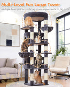 Taoqimiao 73 Inch Cat Tree XXL, Cat Tower for Indoor Cats, Large Cat Tree for Big Cats, Enlarged Platform, 2 Spacious Cat Condos, 9 Scratching Posts, 2 Cozy Baskets, F30G Smoky Gray