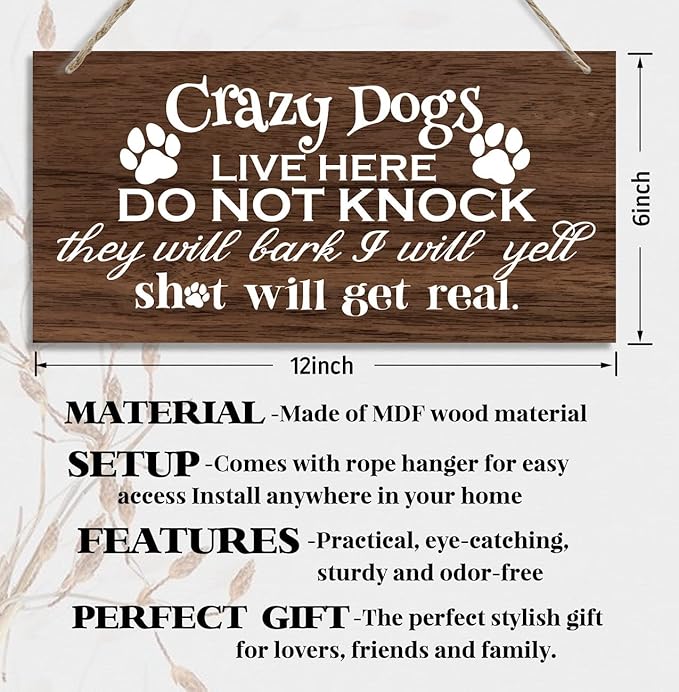 Funny Please Do Not Ring Doorbell Wood Decor Sign, Crazy Dogs Live Here Do Not Knock, Hanging Printed Wooden Plaque Decor, Farmhouse Wood Plaque Decor 12x6inch