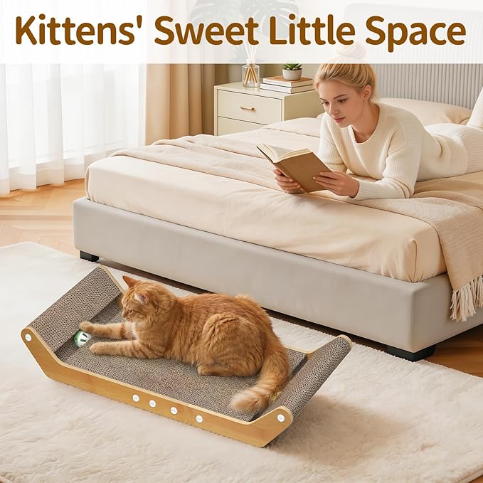 Modern Cat Scratcher Pad Cardboard for Indoor, 23.8" Scratching Lounger Board with Ball Track for Kittens & Large Cats, 3 in 1 Floor Horizontal Bed for Furniture Protection