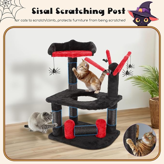 Nobleza Gothic Cat Tree with Coffin Bed, 24.4" Halloween Black Goth Cat Tree Tower for Indoor Cats, Spooky Cat Tree Stand Climber Pole with Hanging Spiders Bats for Kitten, Black Red, Small