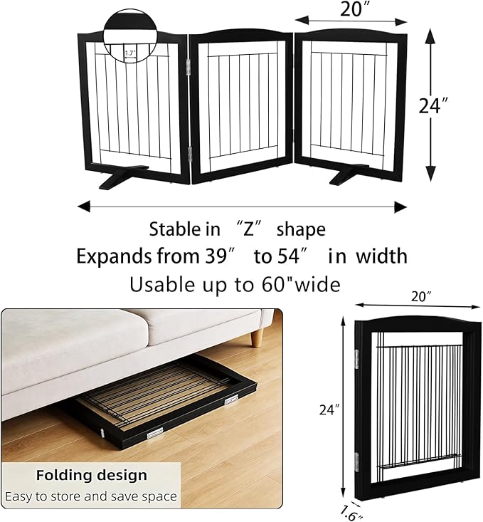 Dog Fence Indoor,Dog Gate Indoor for Doorway pet gate -3-Panel Freestanding, Hallways, House or Stairs -60x24-Inch Retractable Foldable Expandable Wood Pet by SFJC (Black) ﻿