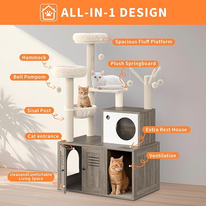 TrailBlaze Cat Tree with Litter Box Enclosure, Wooden Cat Condo with Platform, Hammock, Pompoms, Scratching Posts, All-in-One Cat Furniture for Indoor Kitten, 31.5" l x18.9 w x55.1 h(Grey)