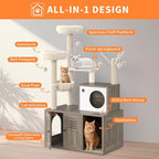 Modern Cat Tree with Hidden Litter Box Cabinet – Multi-Level Cat Condo with Scratching Posts, Perches, Hammock & Basket, Gray