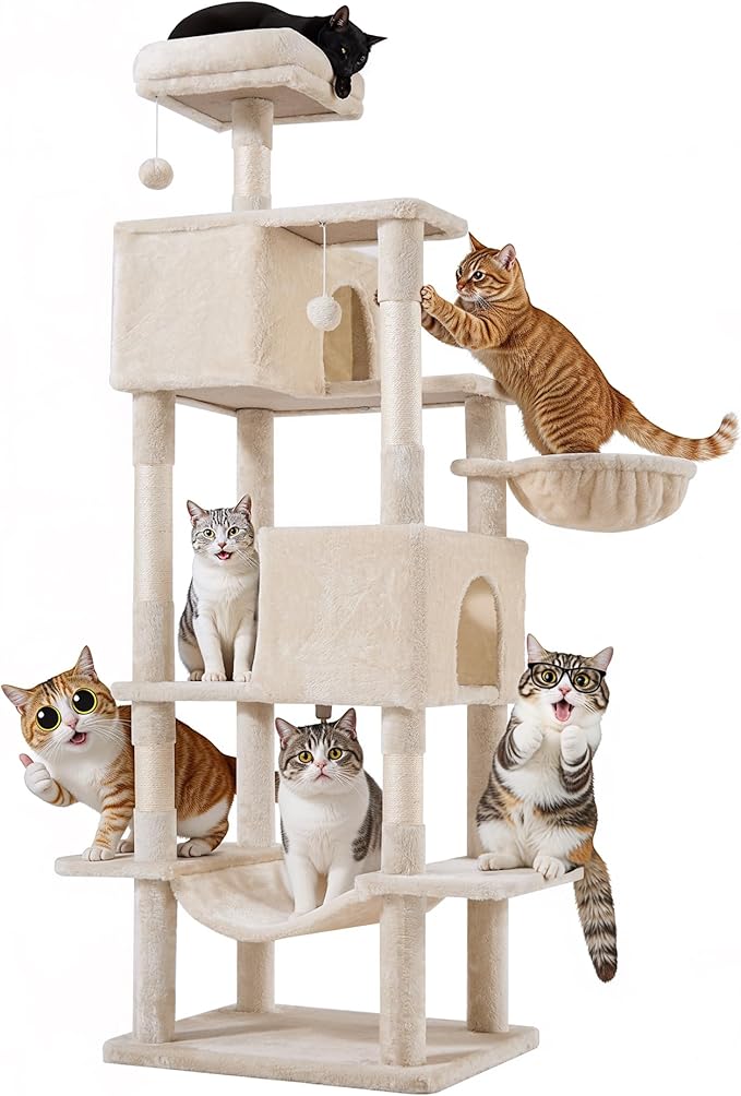 Simple Deluxe 66In Cat Tree for Indoor Cats, 6-Level Cat Tower with Sisal Scratching Posts, Enclosed Cat Condo & Hammock, Space-Saving Corner Design, Stable Wide Base for Multiple Kittens, Beige