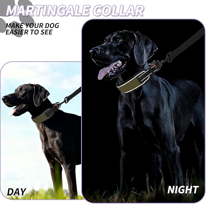 Martingale No Pull Dog Collar for Large Medium Dogs Training Walking, Heavy Duty Nylon Reflective Adjustable Anti Pull Slip Collar with Buckle S Army Green
