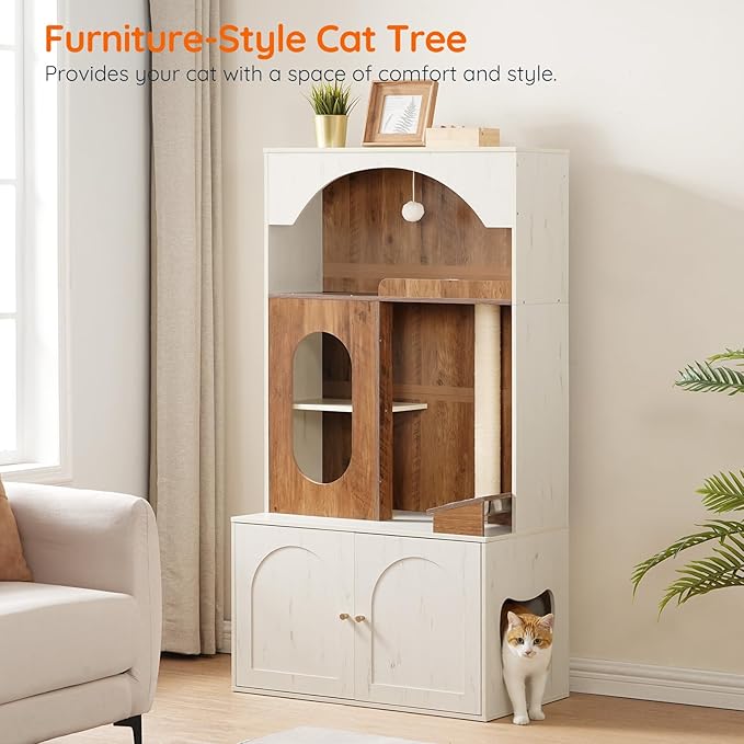 HOOBRO Cat Tree with Litter Box Enclosure, 58.7"H Hidden Cat Litter Enclosure Furniture, All-in-One Modern Cat Tree with Food Bowl, Sisal Scratching Post, and Dangling Ball, White and Walnut WH82MZ03