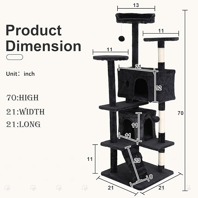 70" Multi-Level Cat Tree Tower with Scratching Posts, Toys & Condo - Space-Saving Design for Indoor Kittens, Compact Floor Footprint & Vertical Space for Multi-Cat Homes-Dark Grey