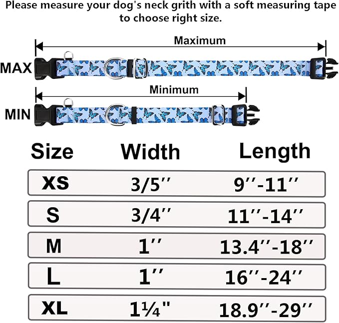 Martingale Dog Collar with Buckle Adjustable Nylon Cute Girl No Pull Anti Escape Training Dog Collars (Blue Butterfly, Medium)