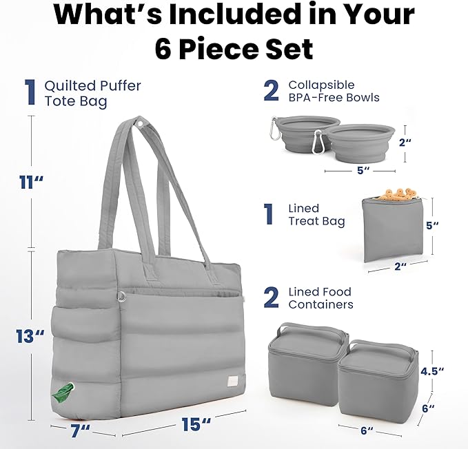 rubyloo Puffer Dog Travel Bag for Dog Moms – Doggy Diaper Bag with Pet Bowls & Food Storage or Everyday Puffy Tote – Doggy Mom Gifts for Women – Lightweight, Travel-Ready Gift for Pet Lovers - Grey