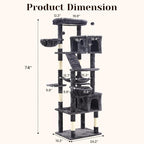 74" Heavy Duty Cat Tree for Indoor Cats, Sturdy Cat Tower for Large Cats Adult, Big Cat Tree with 6 Sisal Scratching Posts, 2 Big Condos, 2 Dual-Ear Hanging Baskets, Enlarged Top Perch, Dark Grey