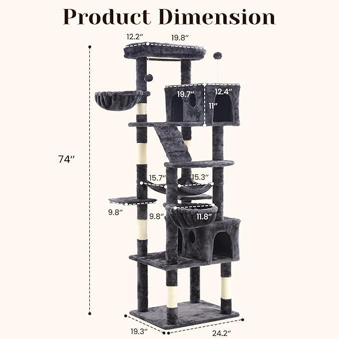74" Heavy Duty Cat Tree for Indoor Cats, Sturdy Cat Tower for Large Cats Adult, Big Cat Tree with 6 Sisal Scratching Posts, 2 Big Condos, 2 Dual-Ear Hanging Baskets, Enlarged Top Perch, Dark Grey