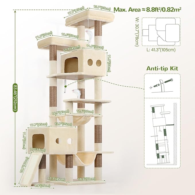 Globlazer Multi-Level Tall Cat Tower 83 inch Sturdy Extra Large Heavy Duty Cat Tree for Indoor Large Adult Cats Kittens with 2 Cat Condo, 8 Scratching Post, 2 Hammock, S83G, Beige