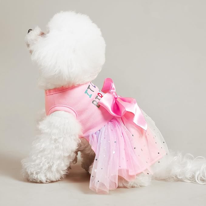 PUPTECK Print Dog Dress Pet Apparel for Birthday with Cute Bowtie Puppy Clothes Outfit, XS