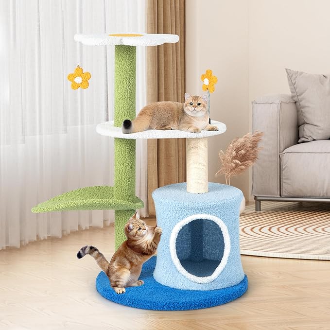 PETSITE 34.5 inch Cute Small Cat Tree, Flower Cat Tree with Sisal Scratching Post, Plush Top Perch, Cat Condo, Fluffy Spring Ball & Jingling Ball